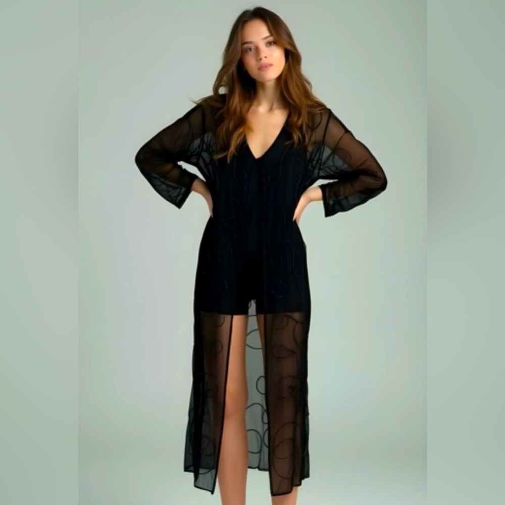 Lola P Sheer Black Mesh Sequin Swirls Maxi Cardigan Jacket Duster Goth S Evening